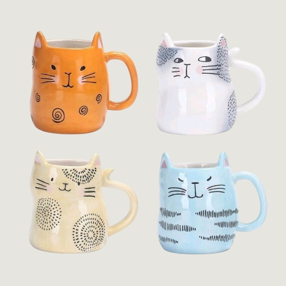 BICO Ceramic Cat Mugs Set of 4 Hand Painted Whimsical Feline Coffee Cups